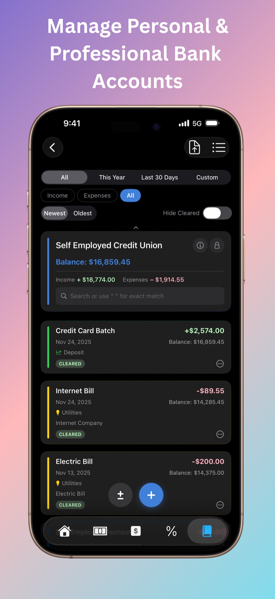 Checkbook register with account balance and categorized transactions. Caption: Manage personal and professional bank accounts.