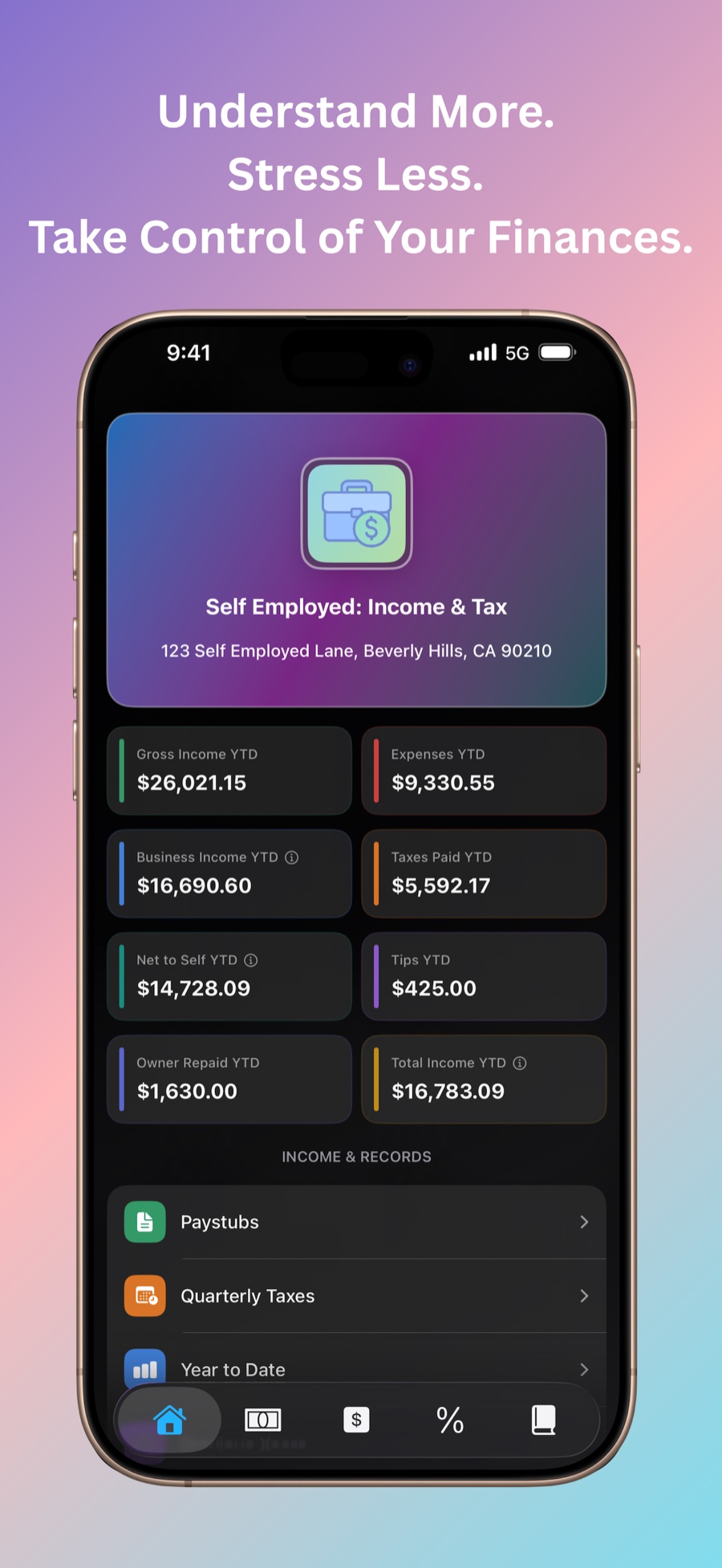 Dashboard with year-to-date summary cards. Caption: Understand more. Stress less. Take control of your finances.