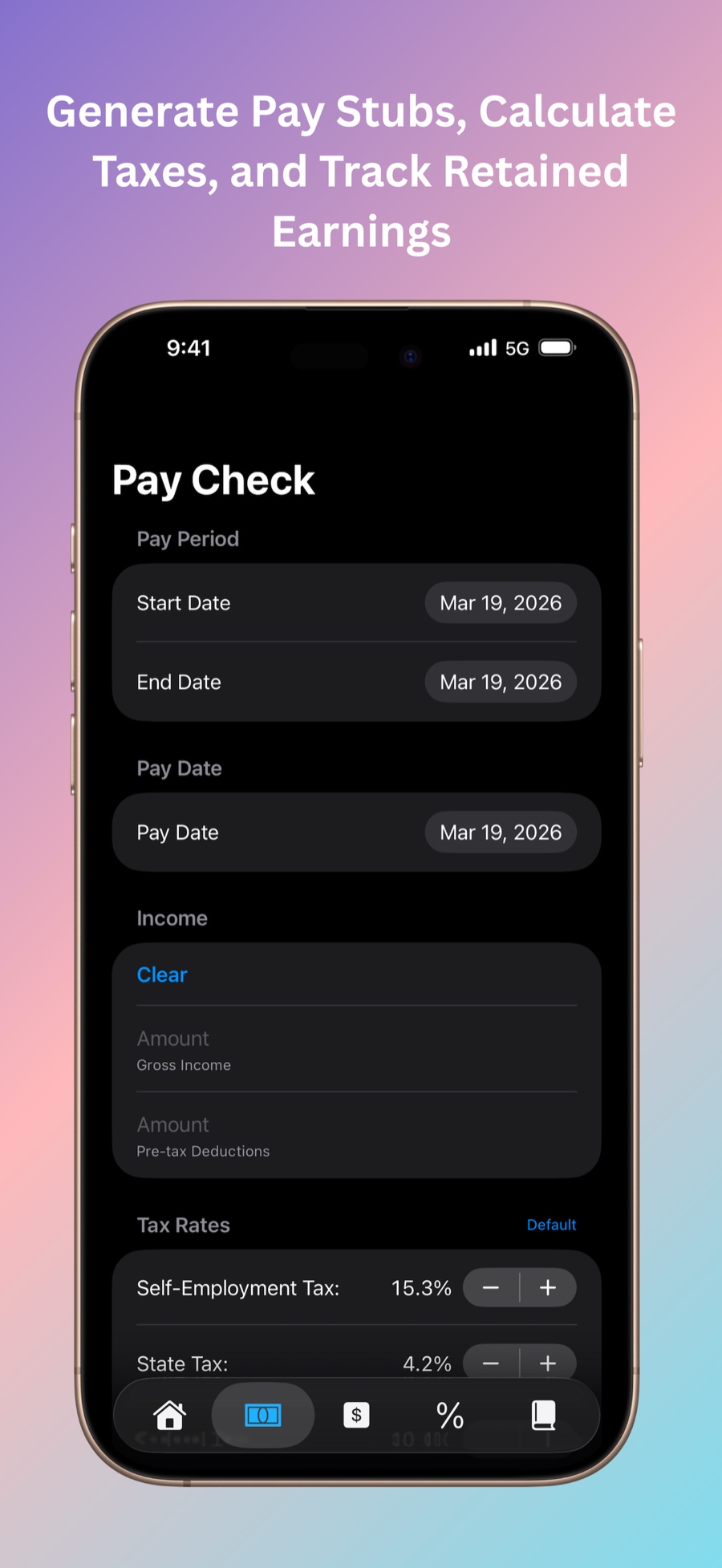 Pay Check entry screen. Caption: Generate pay stubs, calculate taxes, and track retained earnings.