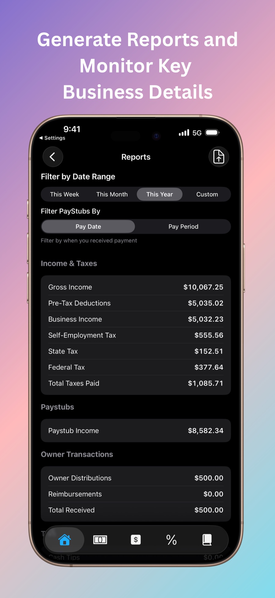 Reports screen with income, tax and owner transaction totals. Caption: Generate reports and monitor key business details.